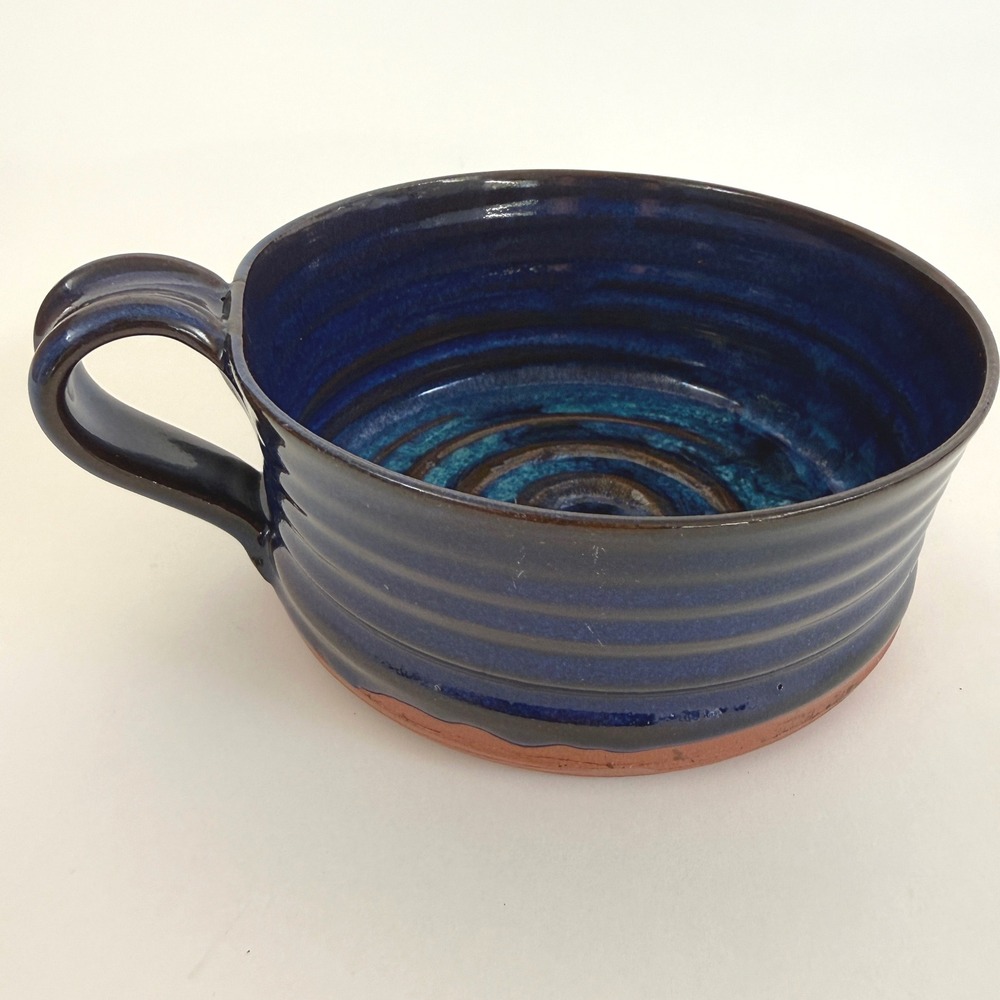 Vintage 1990s Signed Studio Pottery Blue Soup Mug Bowl Spiral Glaze Ceramic